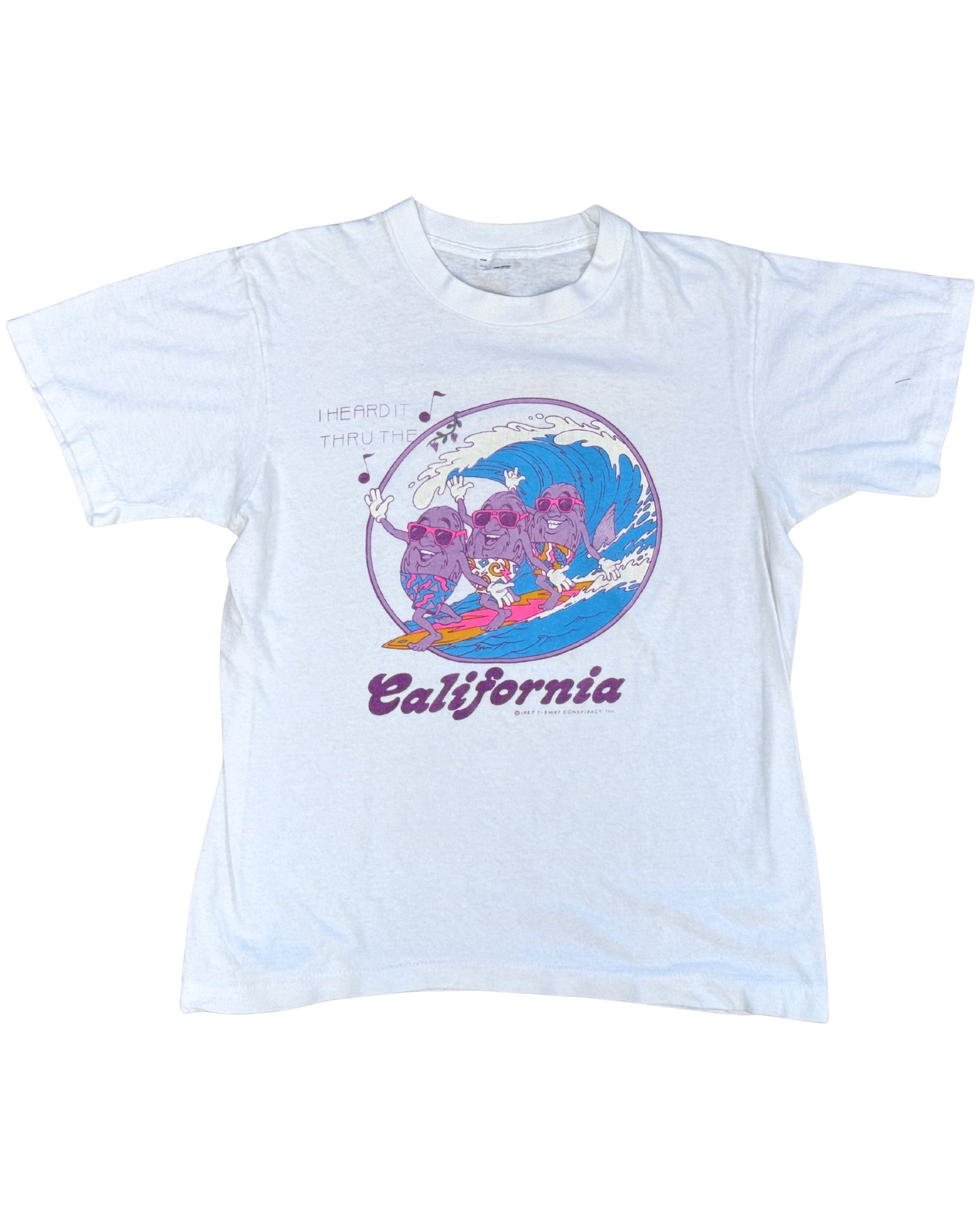 White t-shirt with a colorful graphic of California Raisins design on a white background