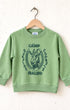 Surfing Cowboys Camp Malibu youth sweatshirt in Spring Green with navy goat, horseshoe and camp-style graphic.