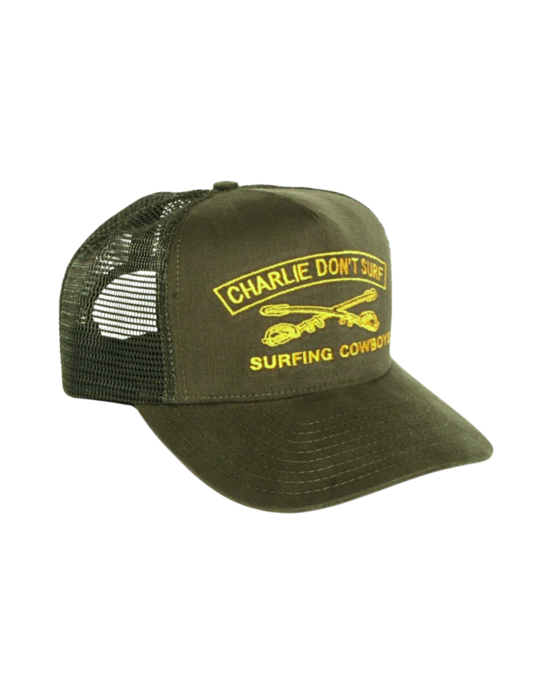 Charlie Don't Surf Trucker Hat, Army Green / Gold Front