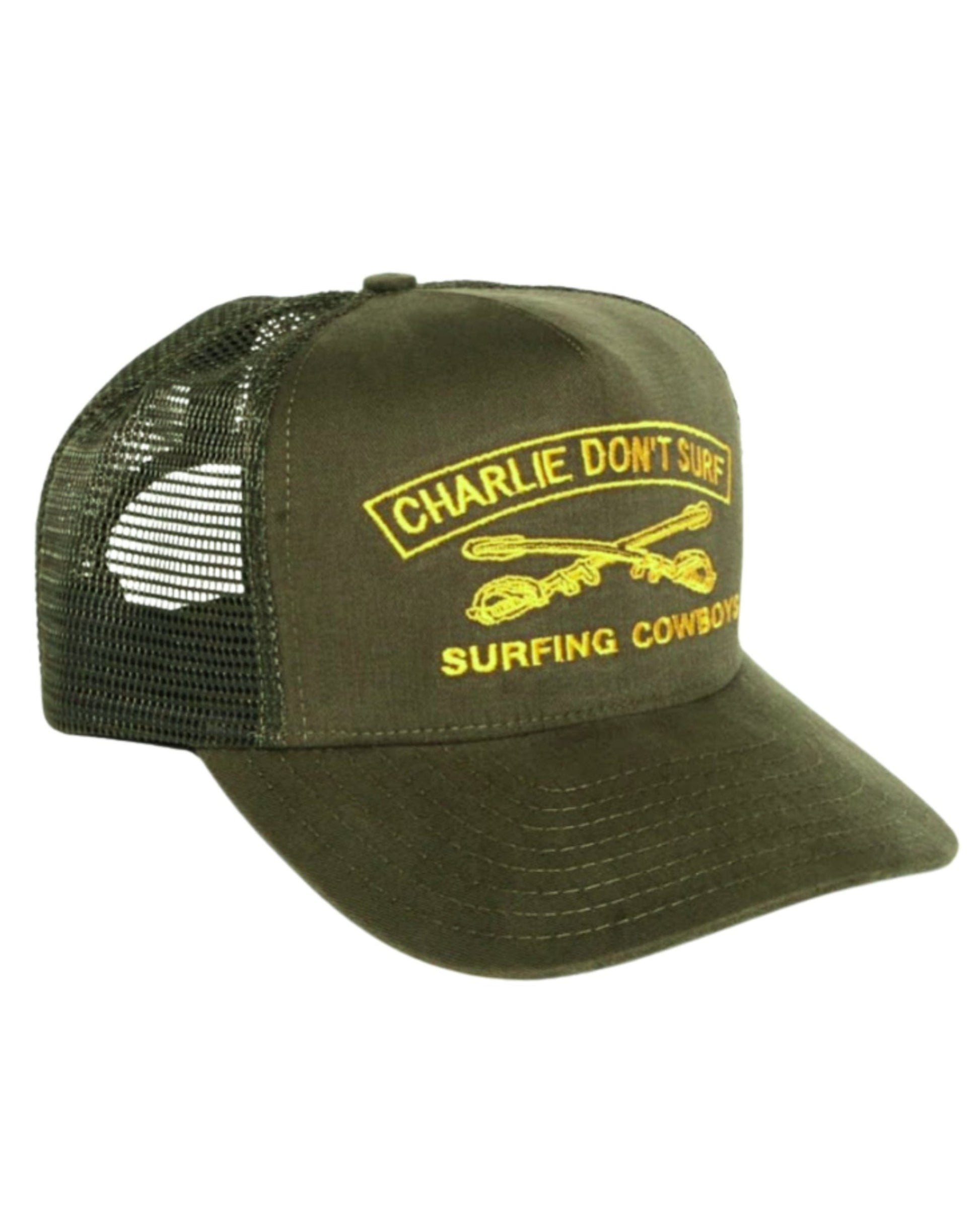 Charlie Don't Surf Trucker Hat, Army Green / Gold Front