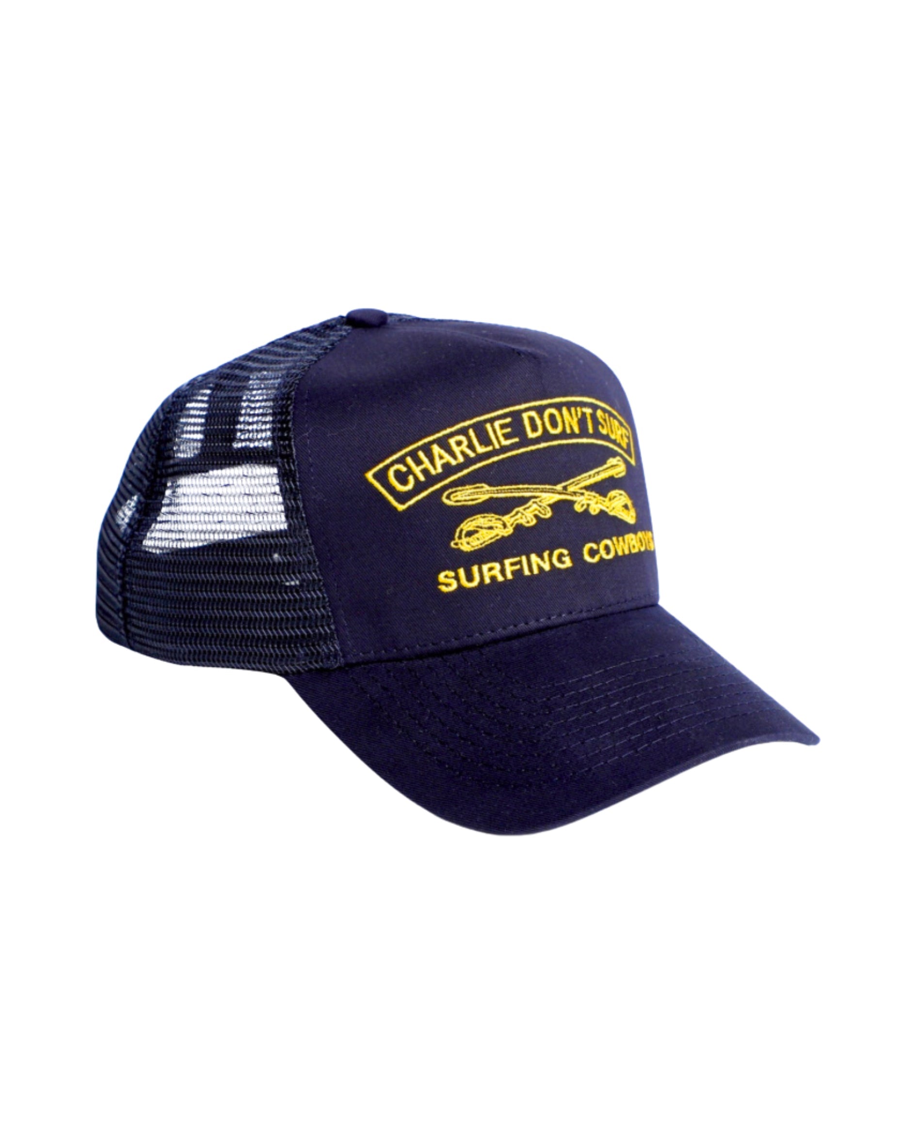 Charlie Don't Surf Trucker Hat, Navy / Gold Front