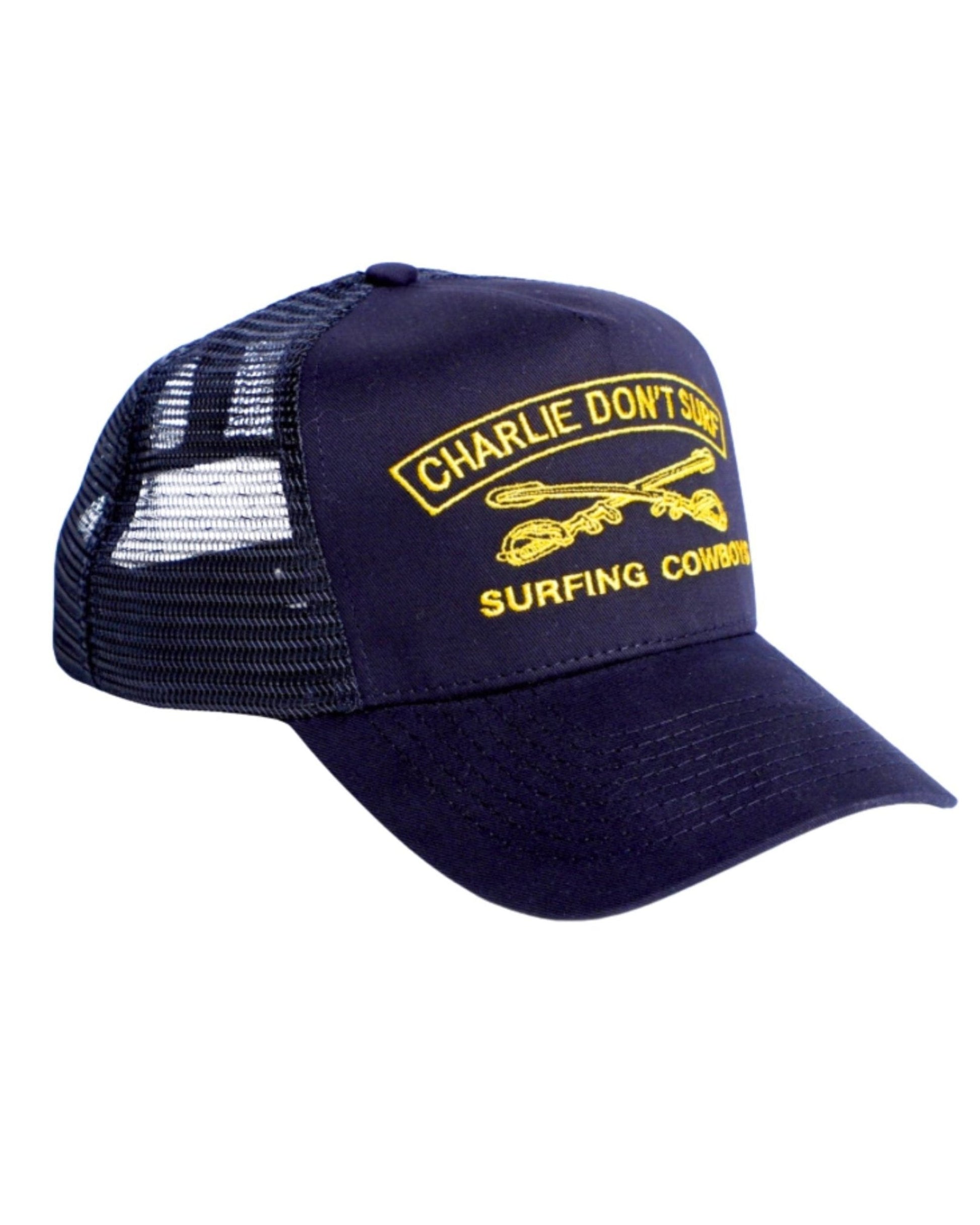 Charlie Don't Surf Trucker Hat, Navy / Gold Front