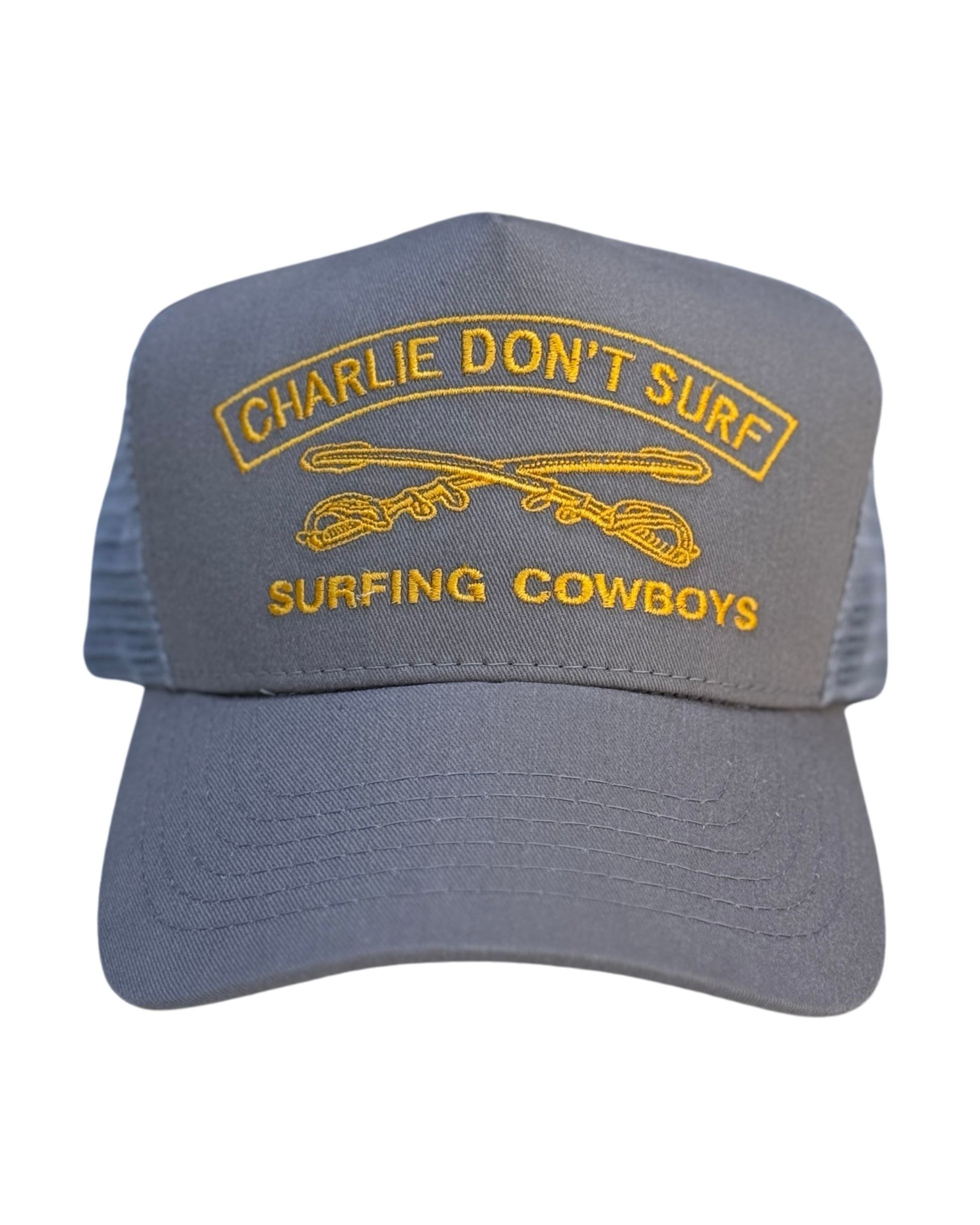 Charlie Don’t Surf Trucker Hat – Dolphin Grey with Gold Embroidery front view