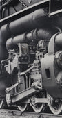 The upclose view of the engine of the 1940s Chesapeake & Ohio Locomotive Train #1633 Black and White Photograph.