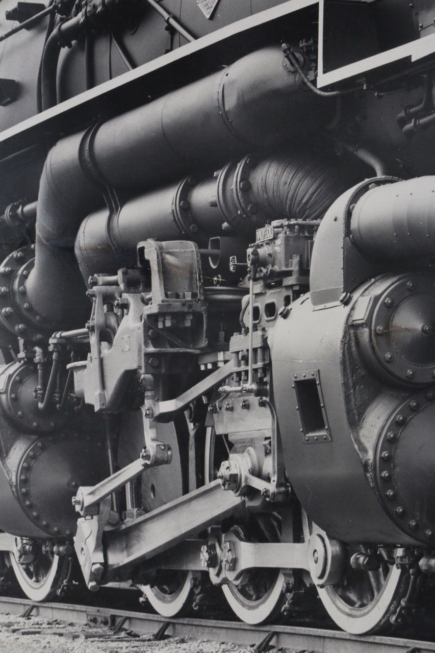 The upclose view of the engine of the 1940s Chesapeake & Ohio Locomotive Train #1633 Black and White Photograph.