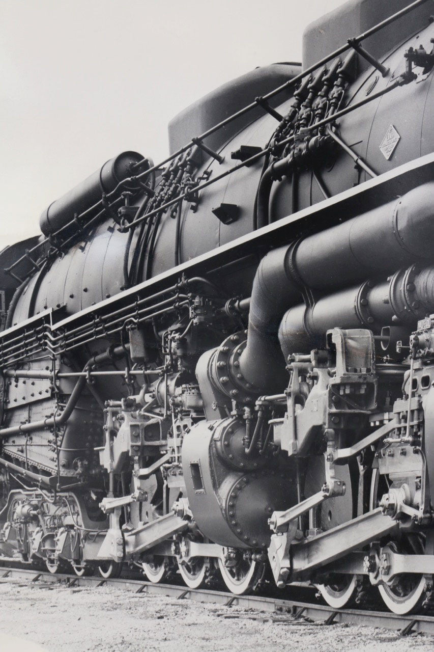 The middle view of the engine of the 1940s Chesapeake & Ohio Locomotive Train #1633 Black and White Photograph.