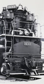 The upclose front view of the 1940s Chesapeake & Ohio Locomotive Train #1633 Black and White Photograph.