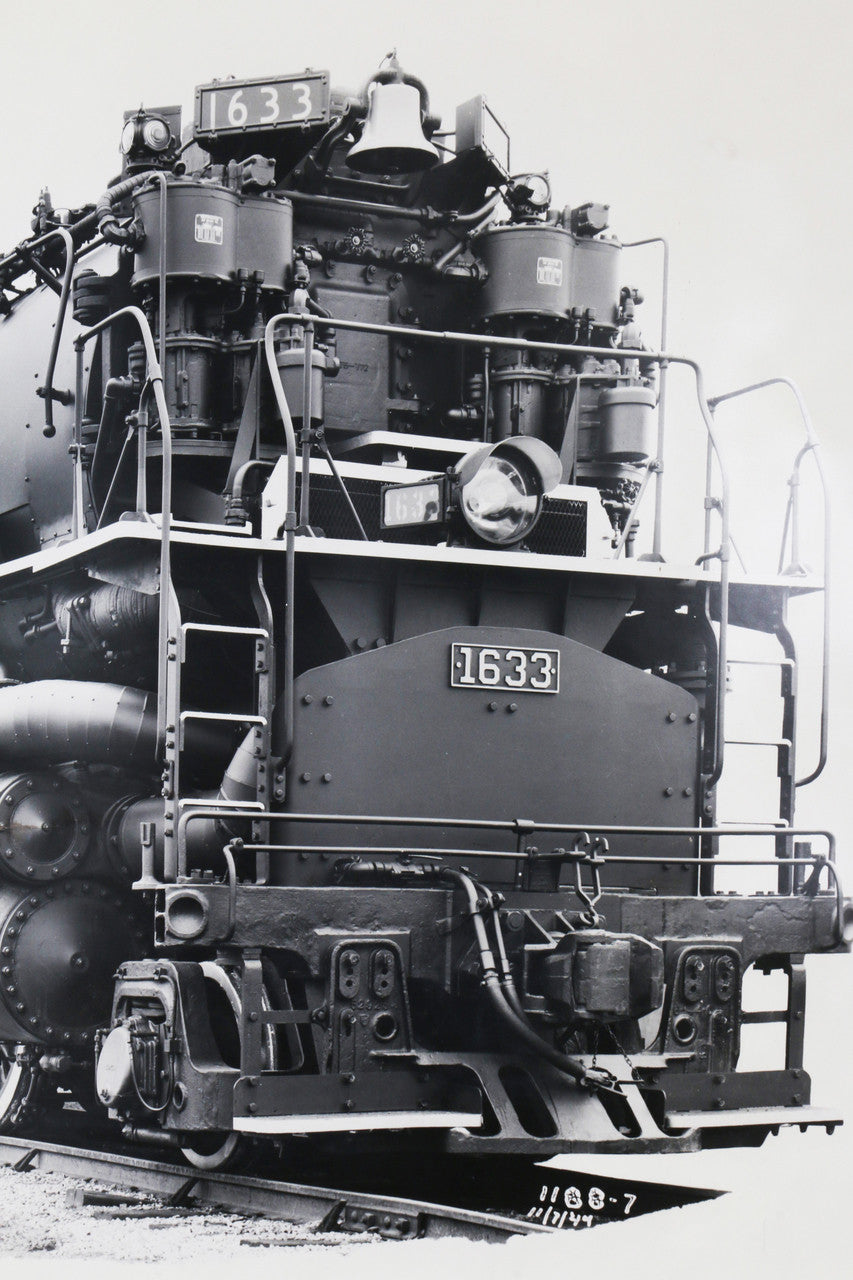 The upclose front view of the 1940s Chesapeake & Ohio Locomotive Train #1633 Black and White Photograph.