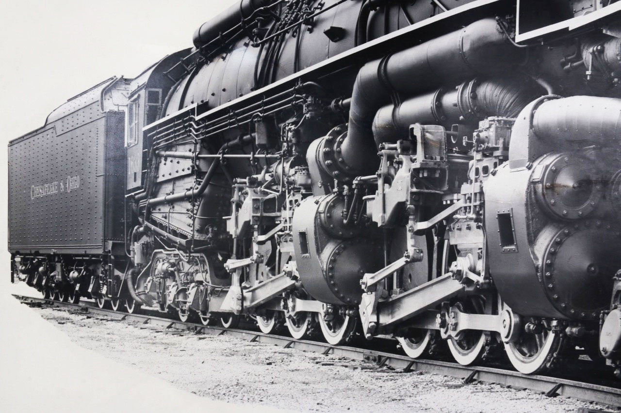 The upclose side view of the 1940s Chesapeake & Ohio Locomotive Train #1633 Black and White Photograph.