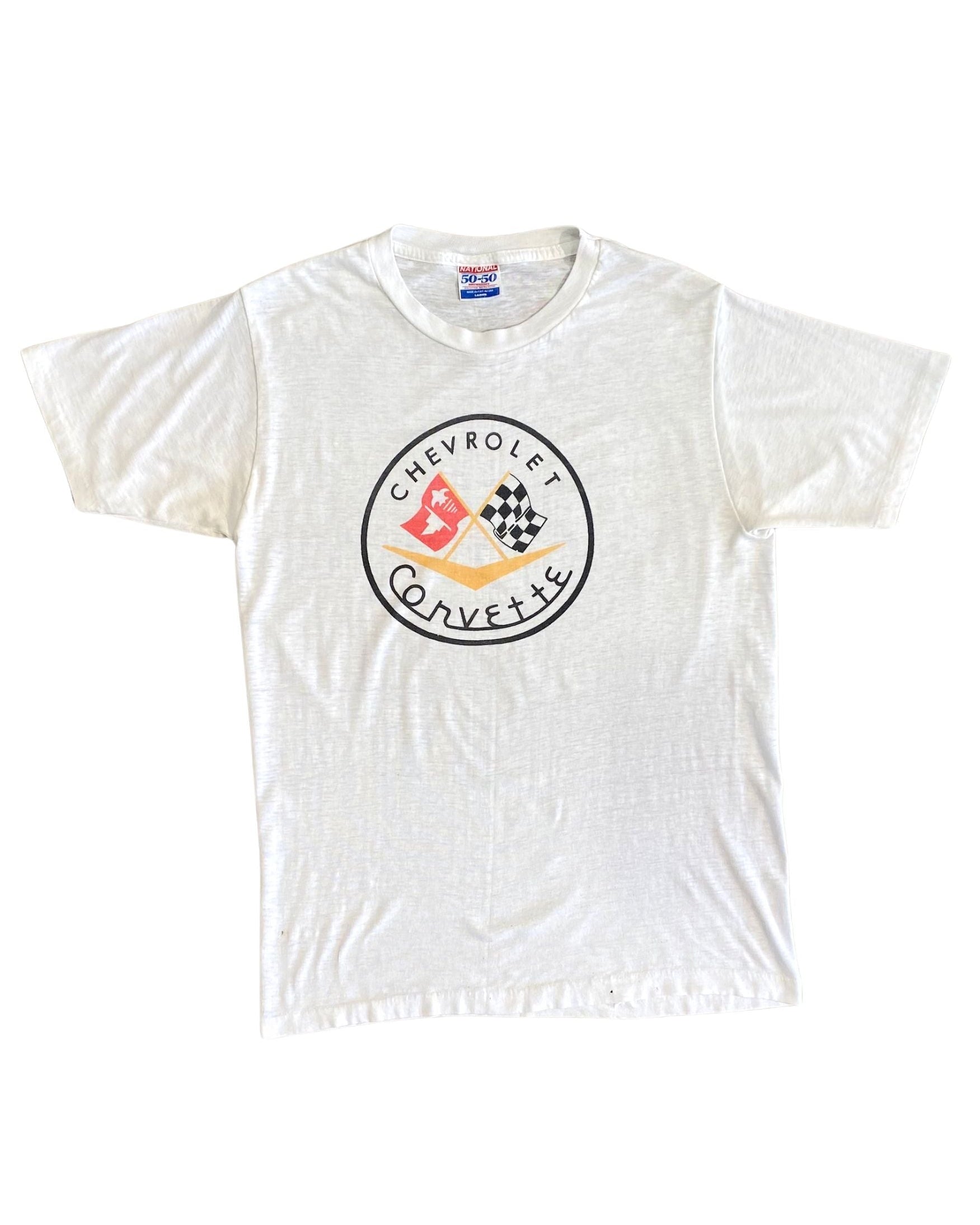 Front view of vintage 1980s Chevrolet Corvette T-shirt with racing flag graphic.