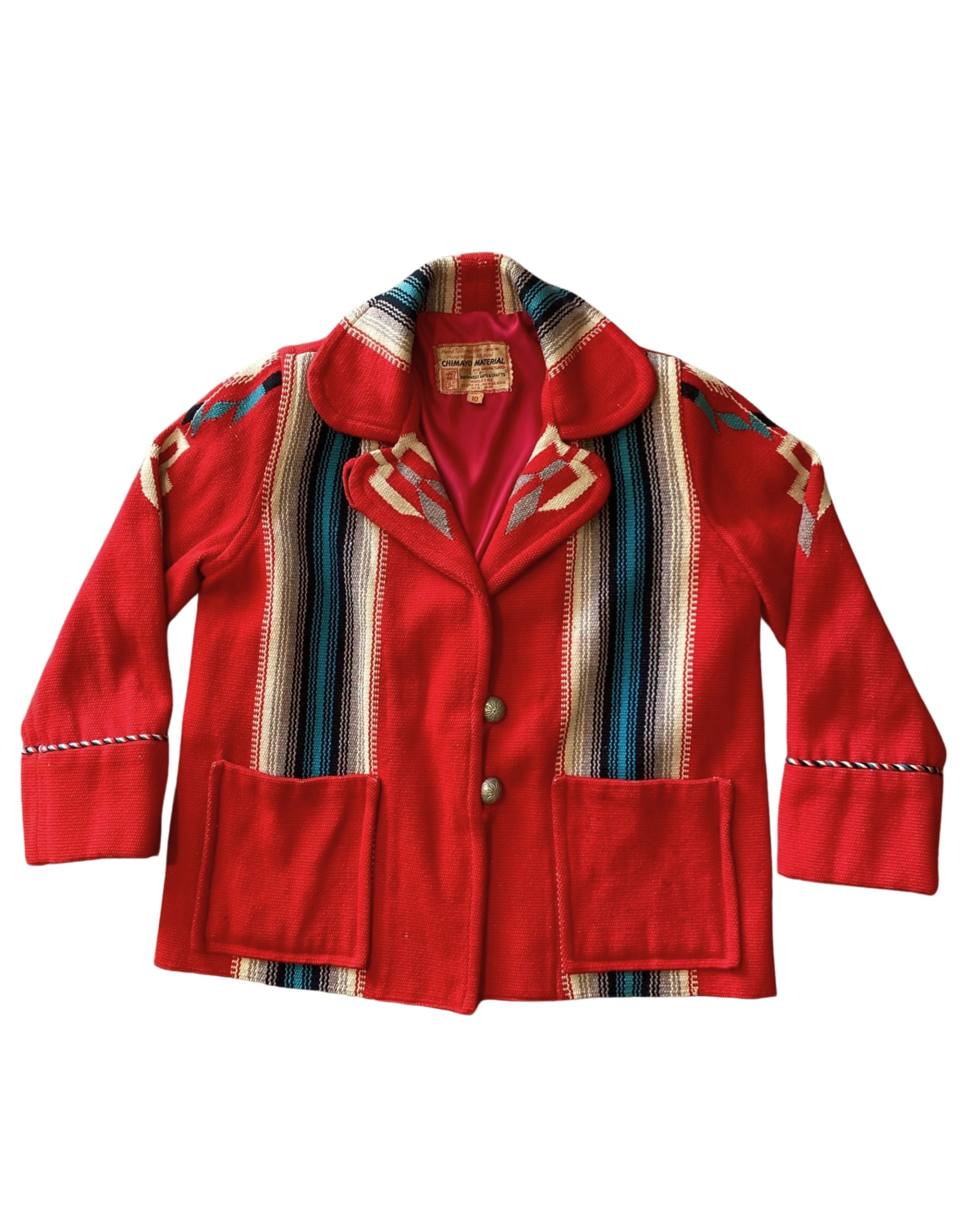  Front view of vintage 1940s Chimayo jacket in red with silver buttons.