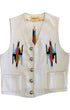Front of a 1970s Americraft waistcoat with an off-white woven body, multicolor geometric motifs, silver-tone floral buttons, and two front pockets.