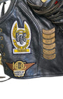 Close-up of Ladies of Harley patch and vintage Harley pins.