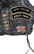 Close-up of Vintage Harley leather vest with 'Hippy Hollow Breezy Rider' and 'Harley Honey' patches.