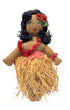 Vintage 1940s cloth Hula doll with hand-painted face, red lei, and raffia grass skirt.