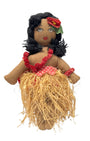 Vintage 1940s cloth Hula doll with hand-painted face, red lei, and raffia grass skirt.