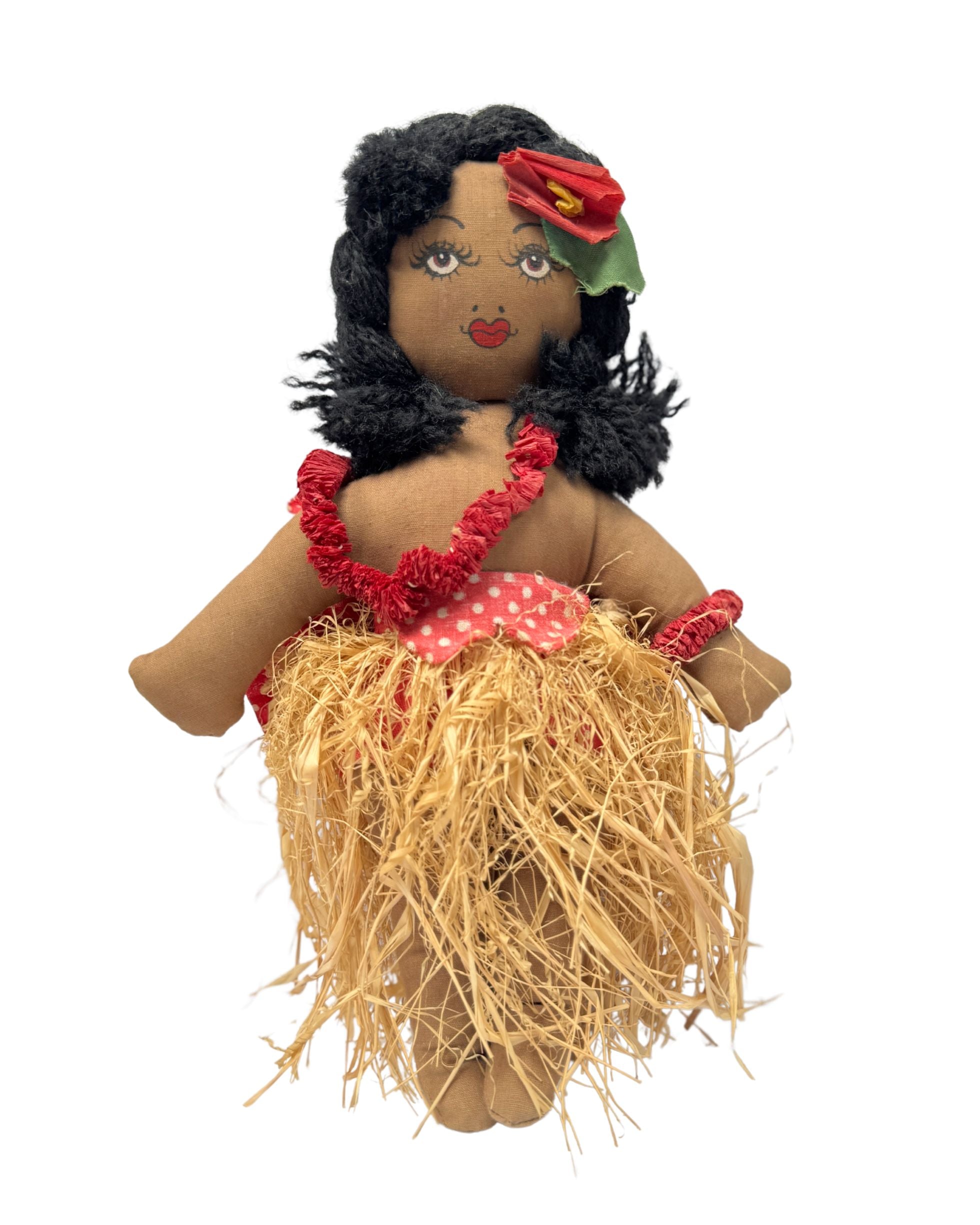 Vintage 1940s cloth Hula doll with hand-painted face, red lei, and raffia grass skirt.