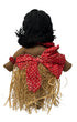 Back of Vintage 1940s cloth Hula doll with showing yarn hair red polka dot bow and raffia grass skirt. 