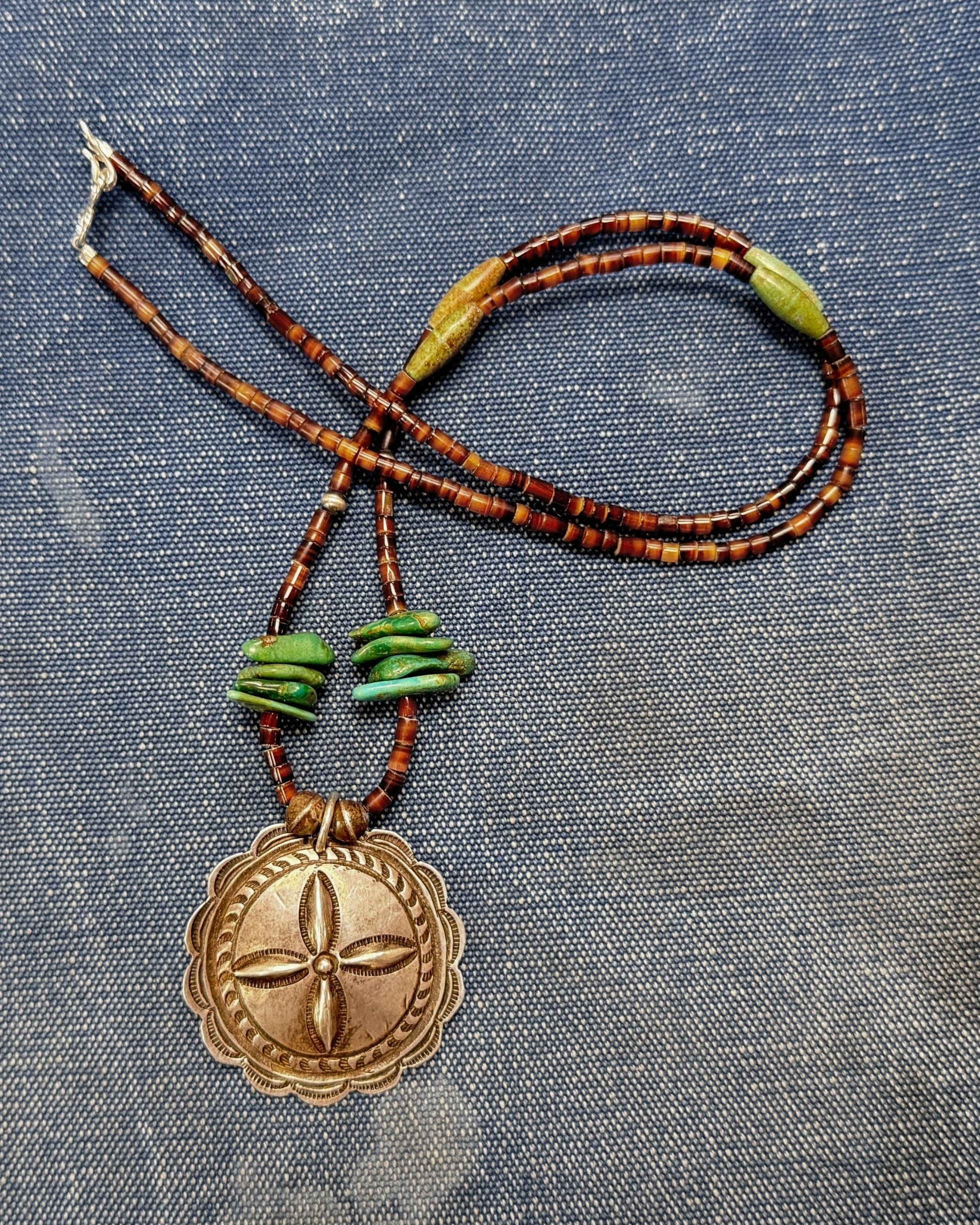 Turquoise + Shell Heishi Necklace with Vintage Southwestern Sand Dollar Concho Pendant