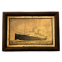 c.1930s printed tin picture of the Italian ocean liner SS Conte Verde with aged sepia finish and integrated metal frame.