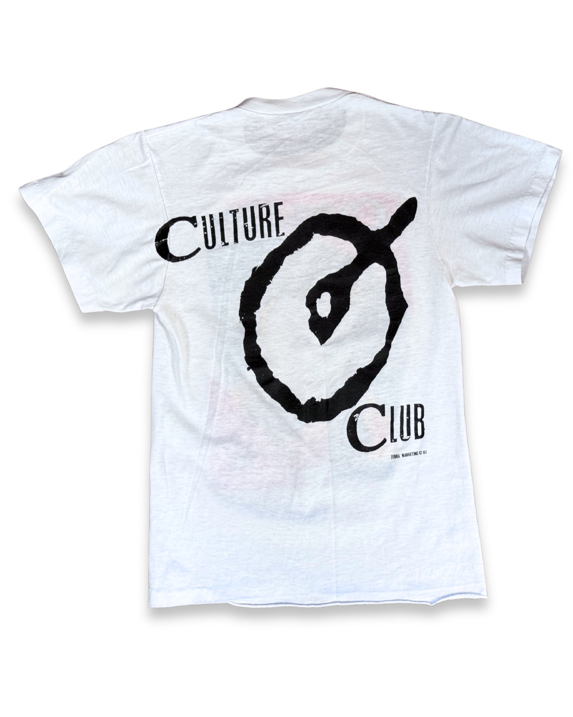 Back view of 1983 vintage Culture Club T-shirt with large black Culture Club graphic.
