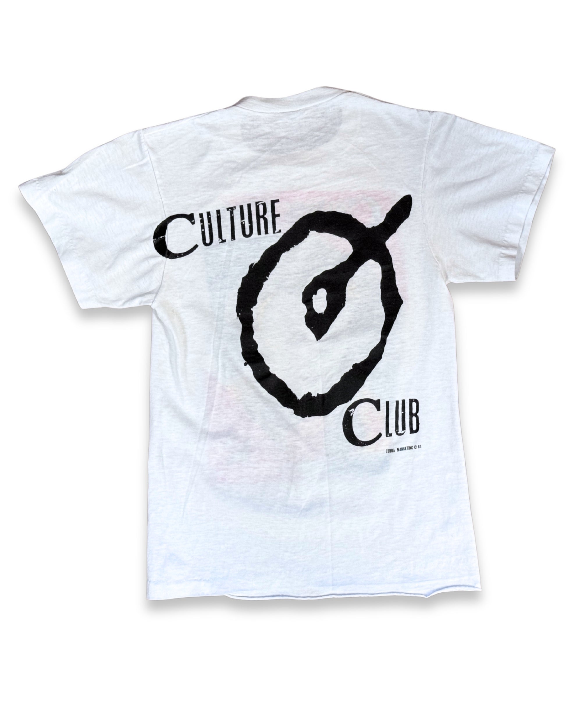 Back view of 1983 vintage Culture Club T-shirt with large black Culture Club graphic.
