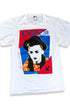 Front view of 1983 vintage Culture Club T-shirt with Boy George portrait graphic and red blue artwork.

