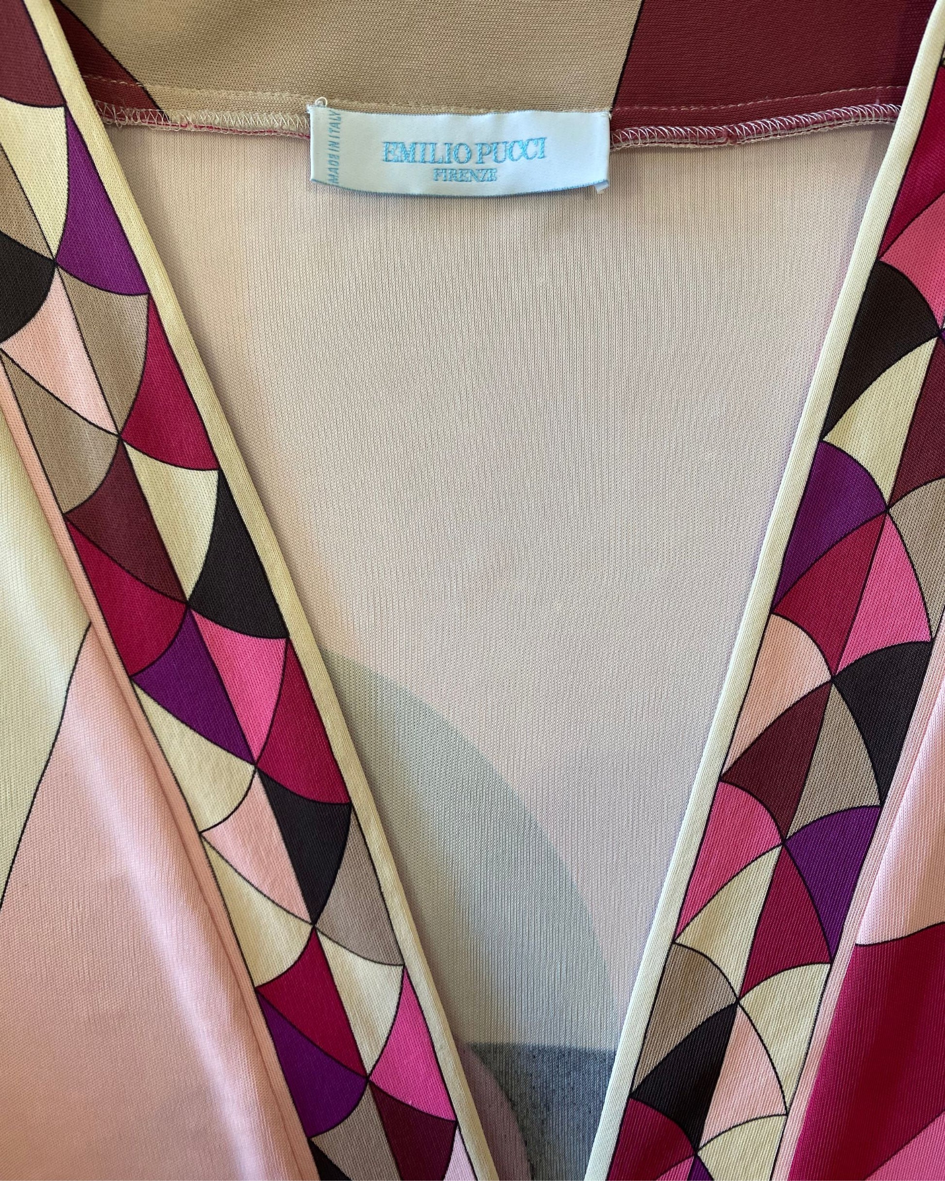 Emilio Pucci 1990s geometric print dress label and neckline - pink plum cream long sleeve size 8.