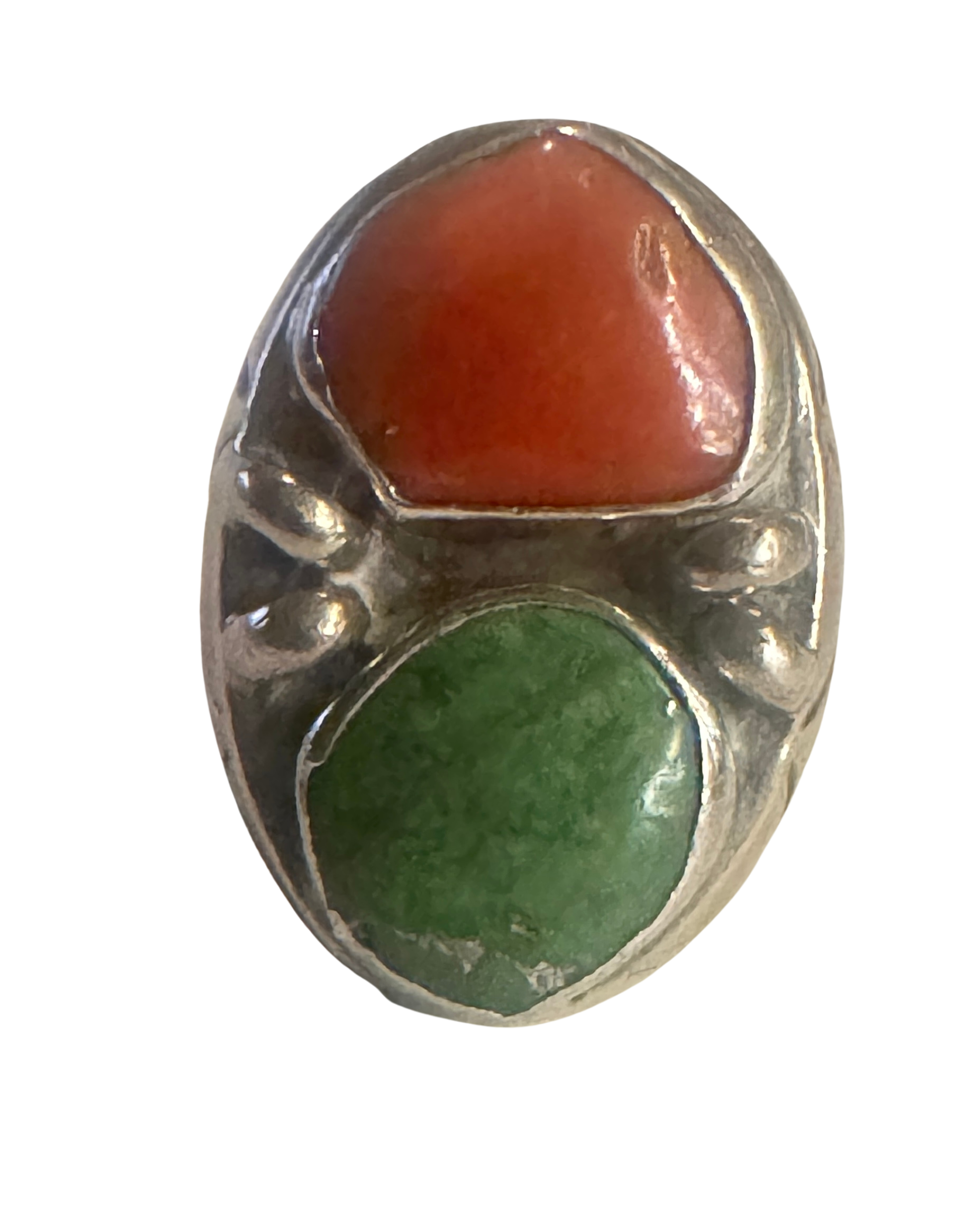 Sterling Silver, Green Turquoise  + Red Coral Ring - Native American c. 1960s - Size 10