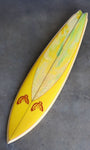 David Nuuwiha Surfboard 1970s Vintage Yellow and Green with Red Accent Deck