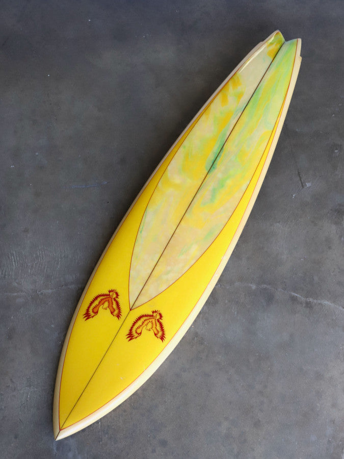 David Nuuwiha Surfboard 1970s Vintage Yellow and Green with Red Accent Deck