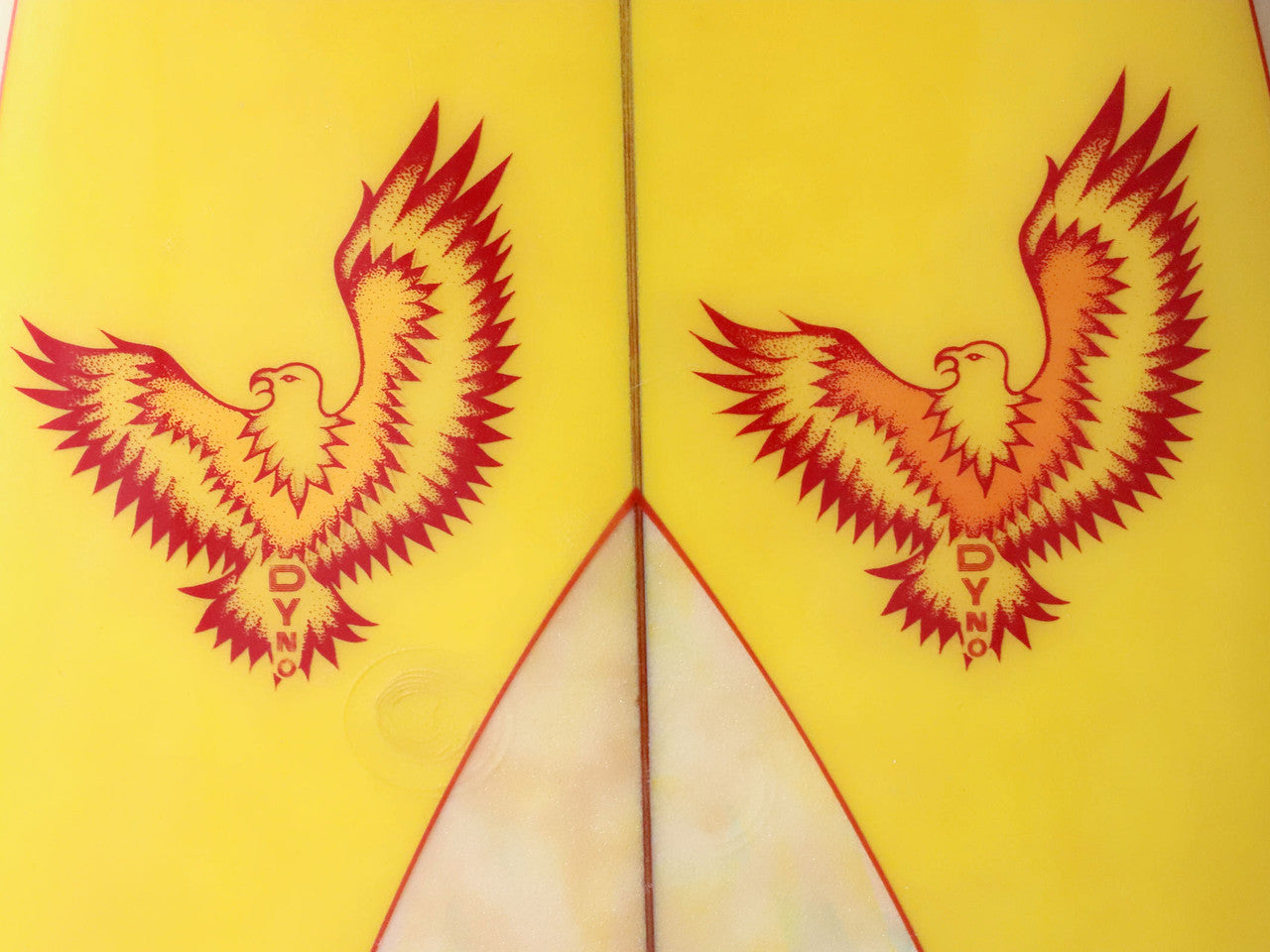 David Nuuwiha Surfboard 1970s Vintage Yellow and Green with Red Accent Close Up of Double Logo on Deck