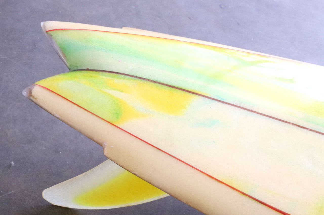David Nuuwiha Surfboard 1970s Vintage Yellow and Green with Red Accent Close Up of Tail