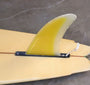 David Nuuwiha Surfboard 1970s Vintage Yellow and Green with Red Accent Close Up of Fin and Bottom