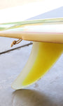 David Nuuwiha Surfboard 1970s Vintage Yellow and Green with Red Accent Side Rail at Tail and Fin
