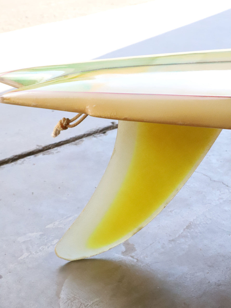 David Nuuwiha Surfboard 1970s Vintage Yellow and Green with Red Accent Side Rail at Tail and Fin