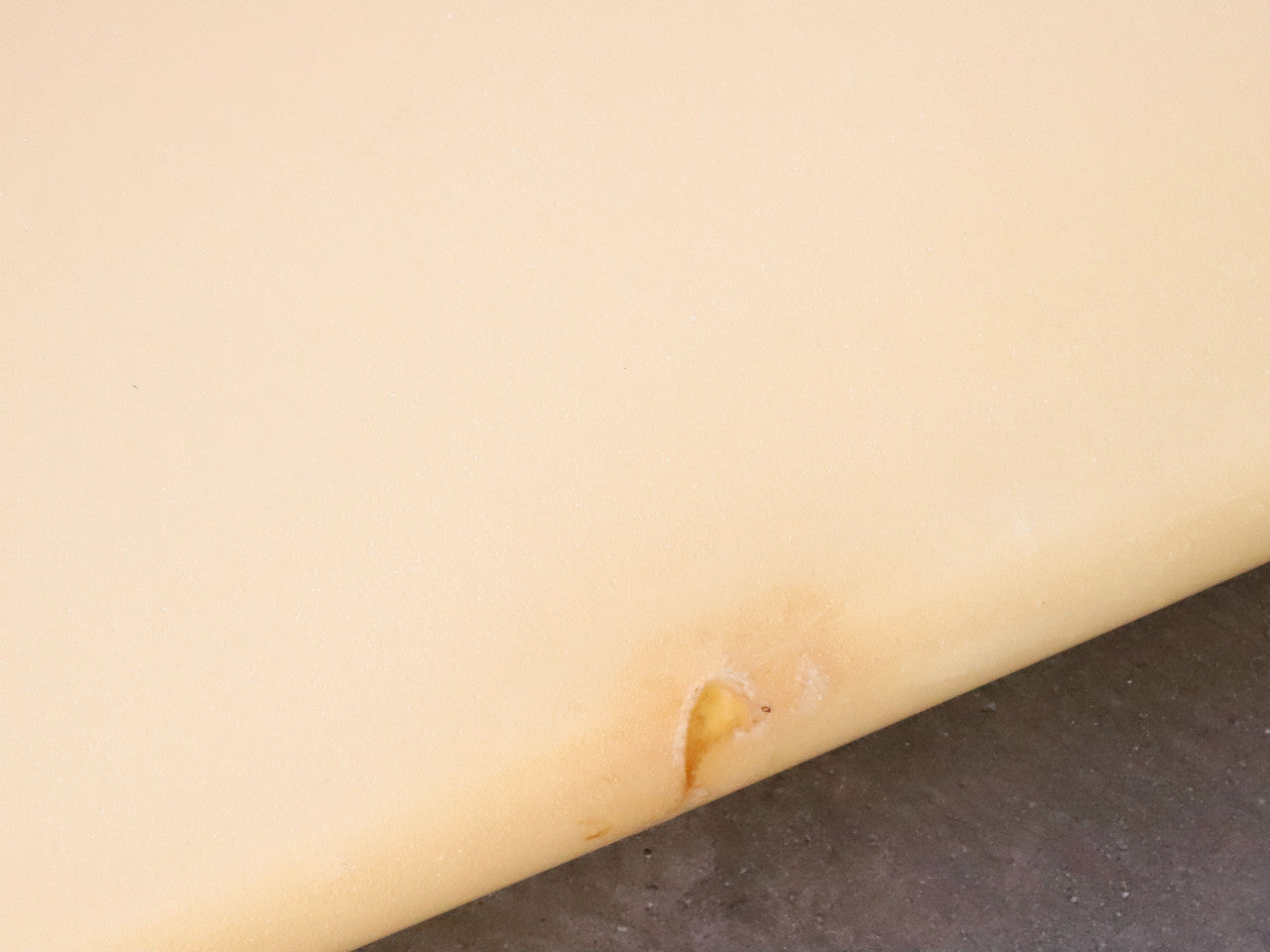 David Nuuwiha Surfboard 1970s Vintage Yellow and Green with Red Accent Close Up detail of Ding