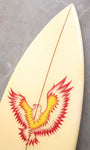 David Nuuwiha Surfboard 1970s Vintage Yellow and Green with Red Accent Upper Portion of bottom with Large Decal