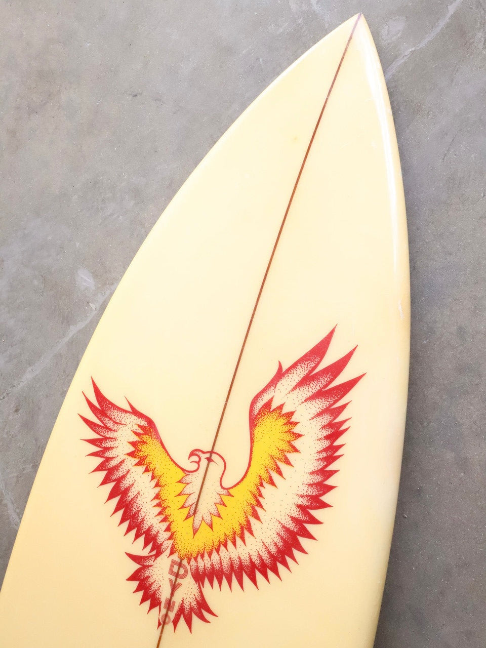 David Nuuwiha Surfboard 1970s Vintage Yellow and Green with Red Accent Upper Portion of bottom with Large Decal