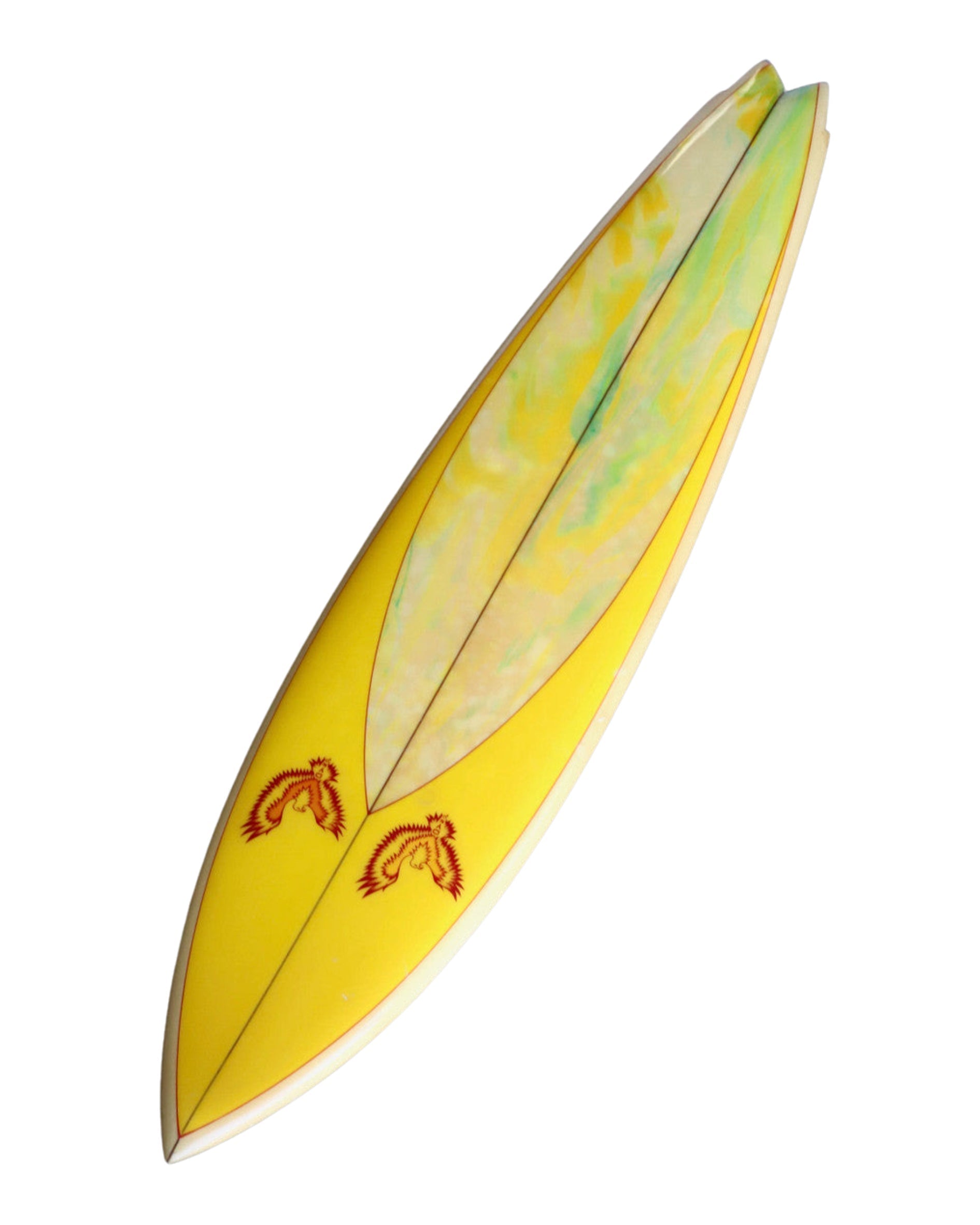 David Nuuwiha Surfboard 1970s Vintage Yellow and Green with Red Accent Deck