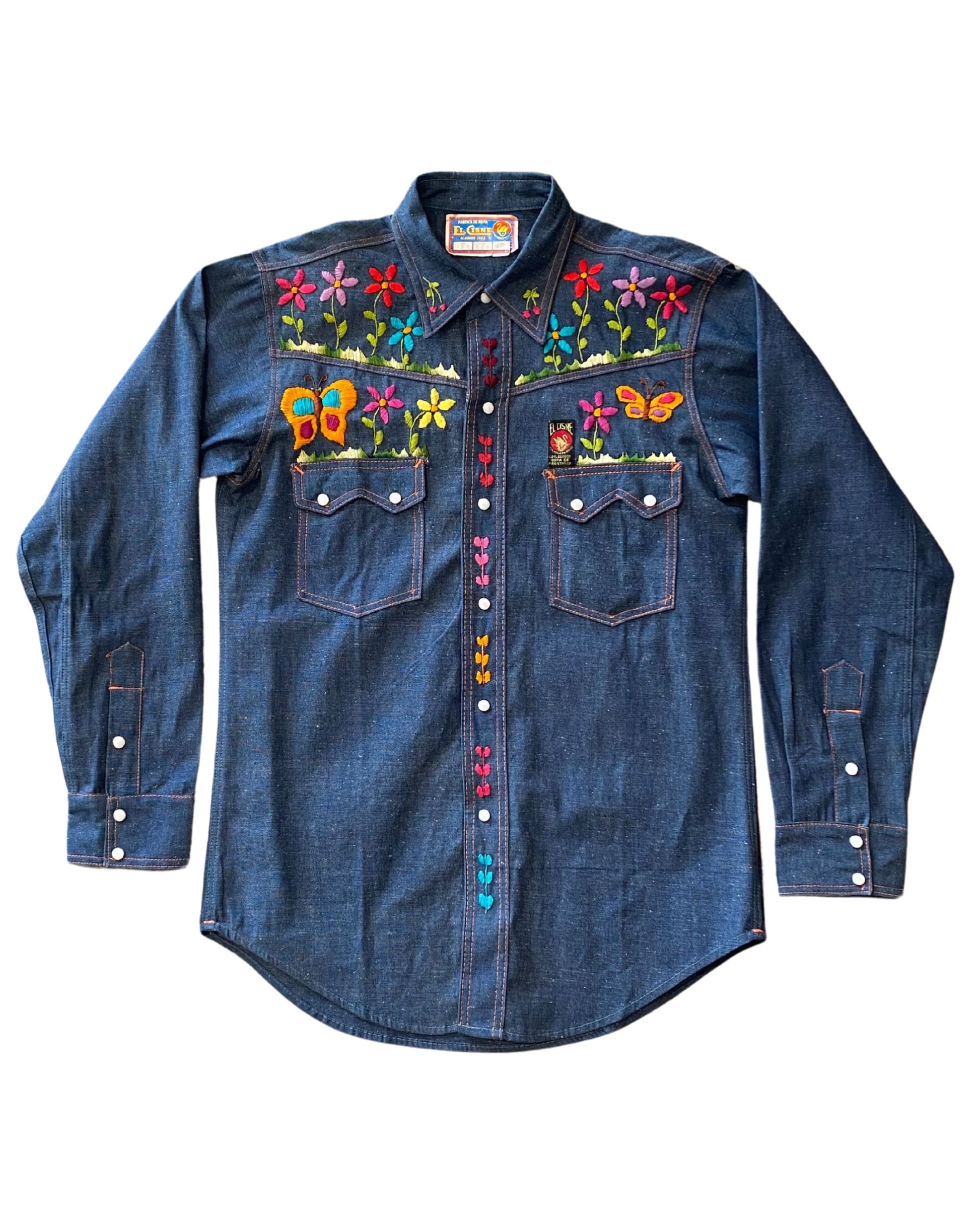 Deadstock Snap Button Denim Shirt Embroidered Medium 1970s