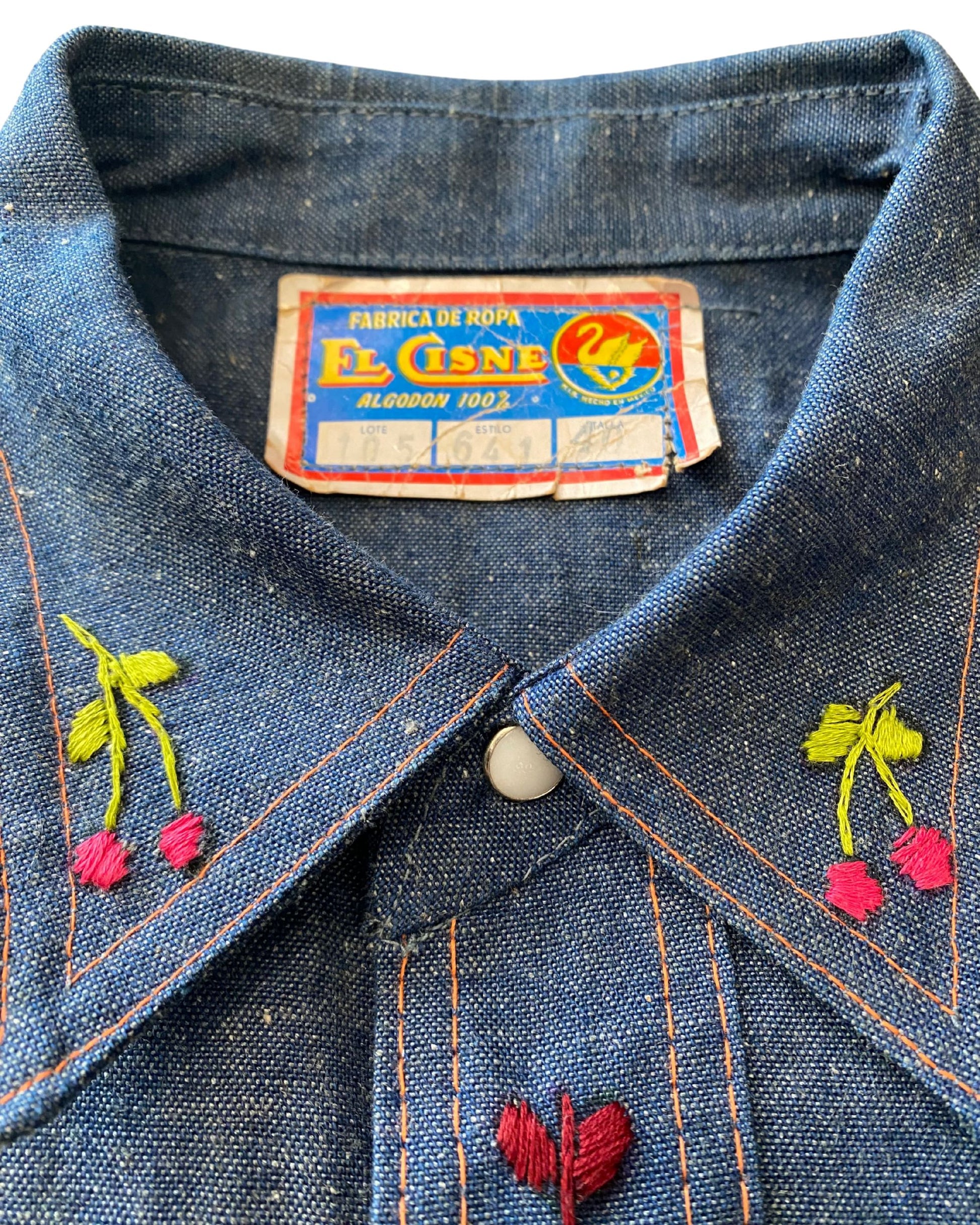 Deadstock Snap Button Denim Shirt Embroidered Medium 1970s