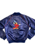Vintage 1980s Disney Fantasia satin jacket with embroidered Sorcerer Mickey on back and red piping on navy blue satin. Back