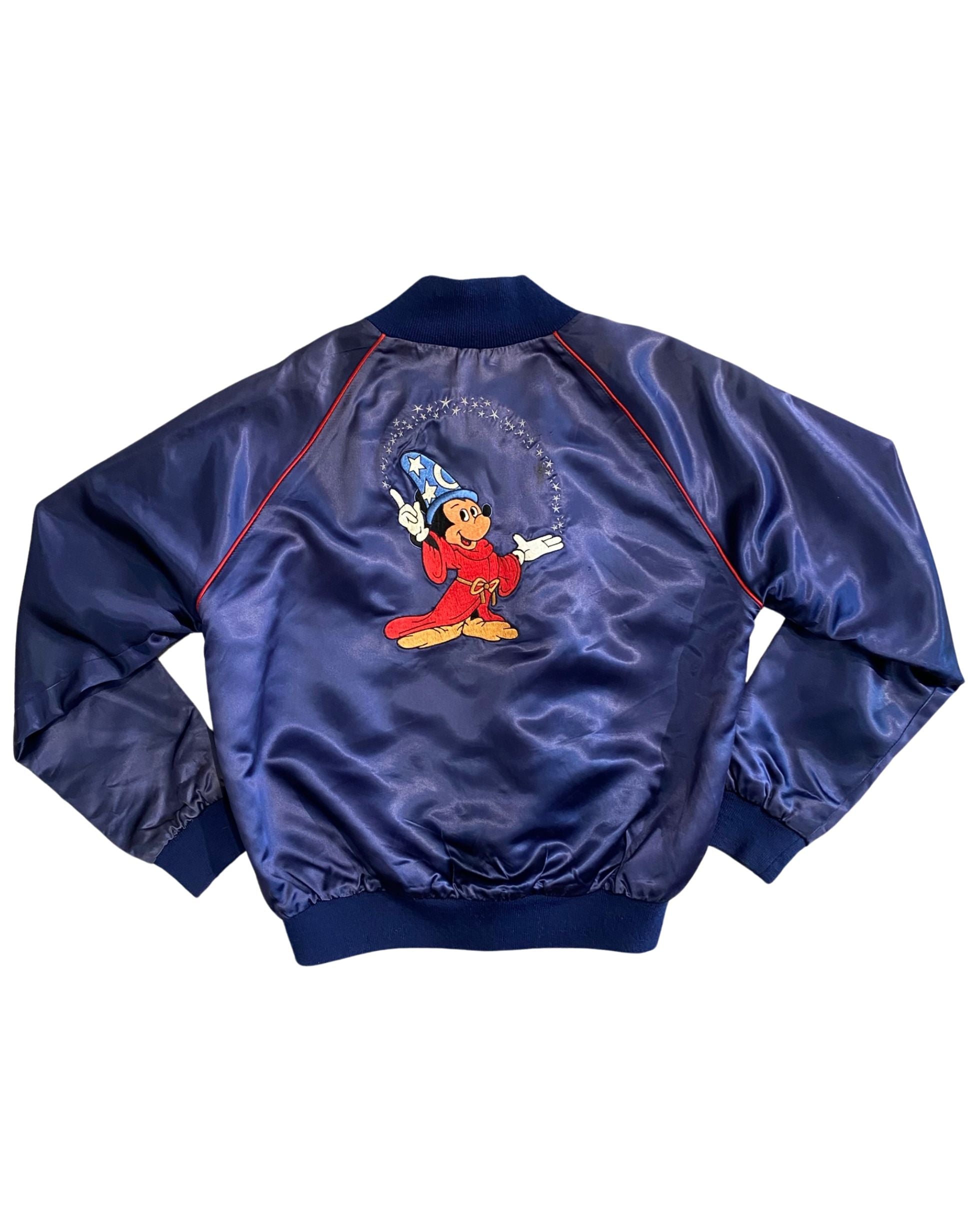 Vintage 1980s Disney Fantasia satin jacket with embroidered Sorcerer Mickey on back and red piping on navy blue satin. Back