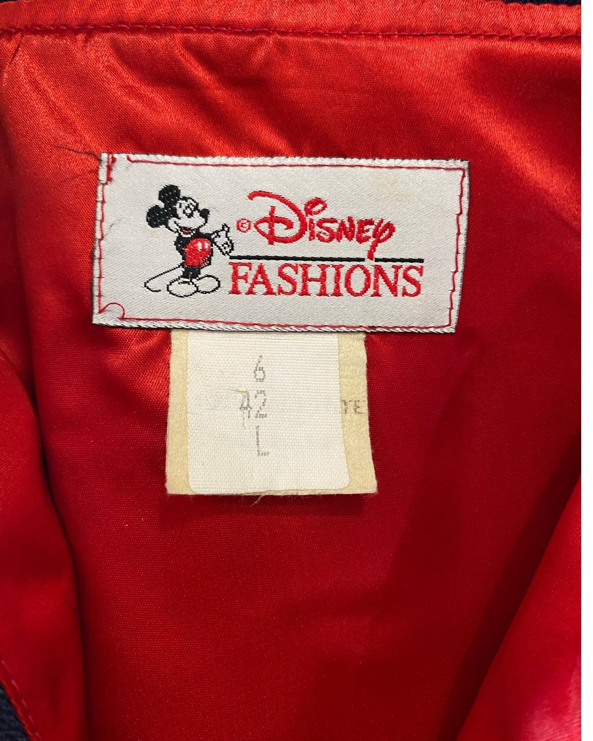 Vintage 1980s Disney Fantasia satin jacket with embroidered Sorcerer Mickey on back and red piping on navy blue satin. Label and Red Lining.