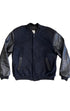 Front view of Disney wool varsity jacket with leather sleeves.
