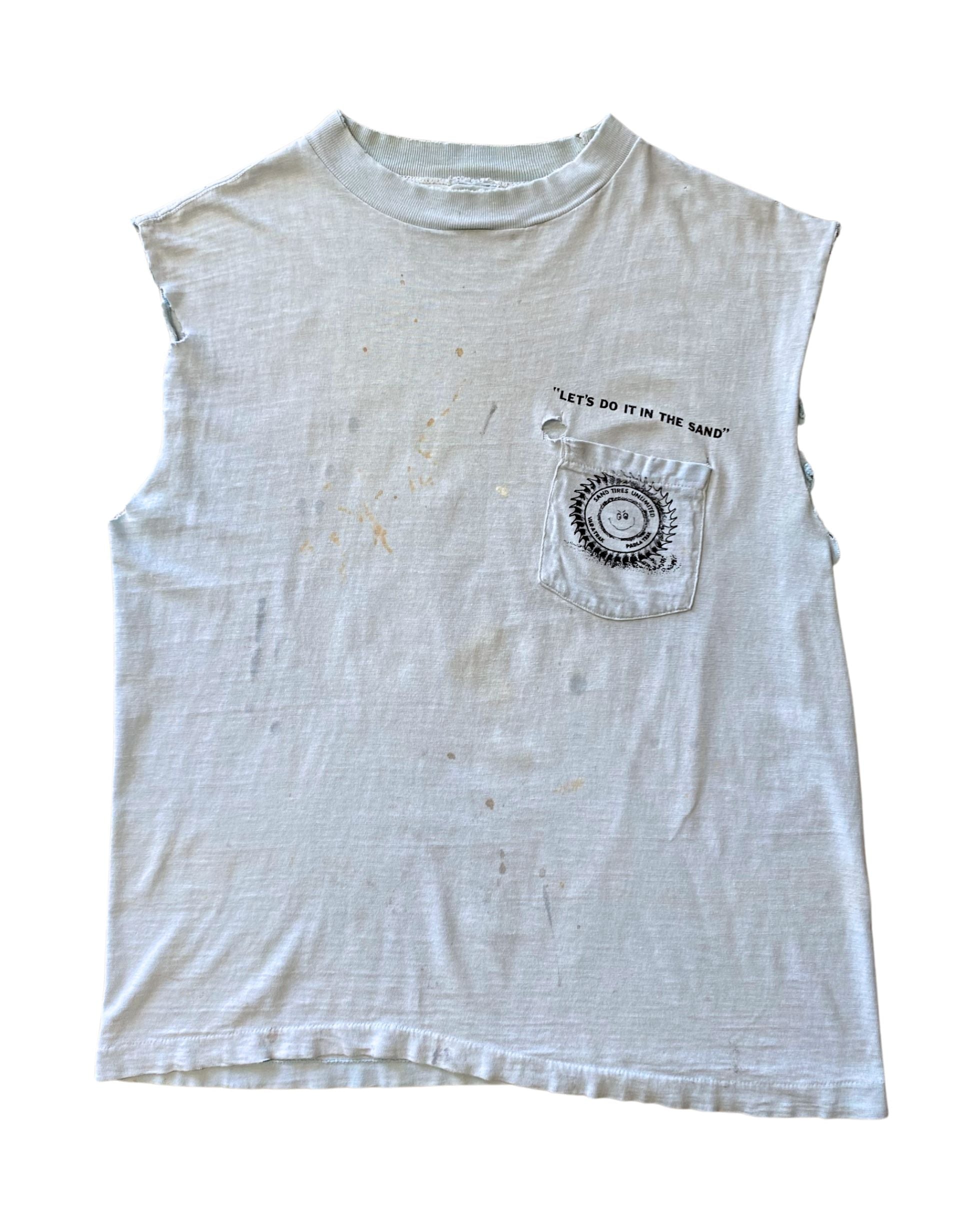 Vintage 1970s “Let’s Do It in the Sand” T-Shirt – Large, Faded Blue, Distressed Front.