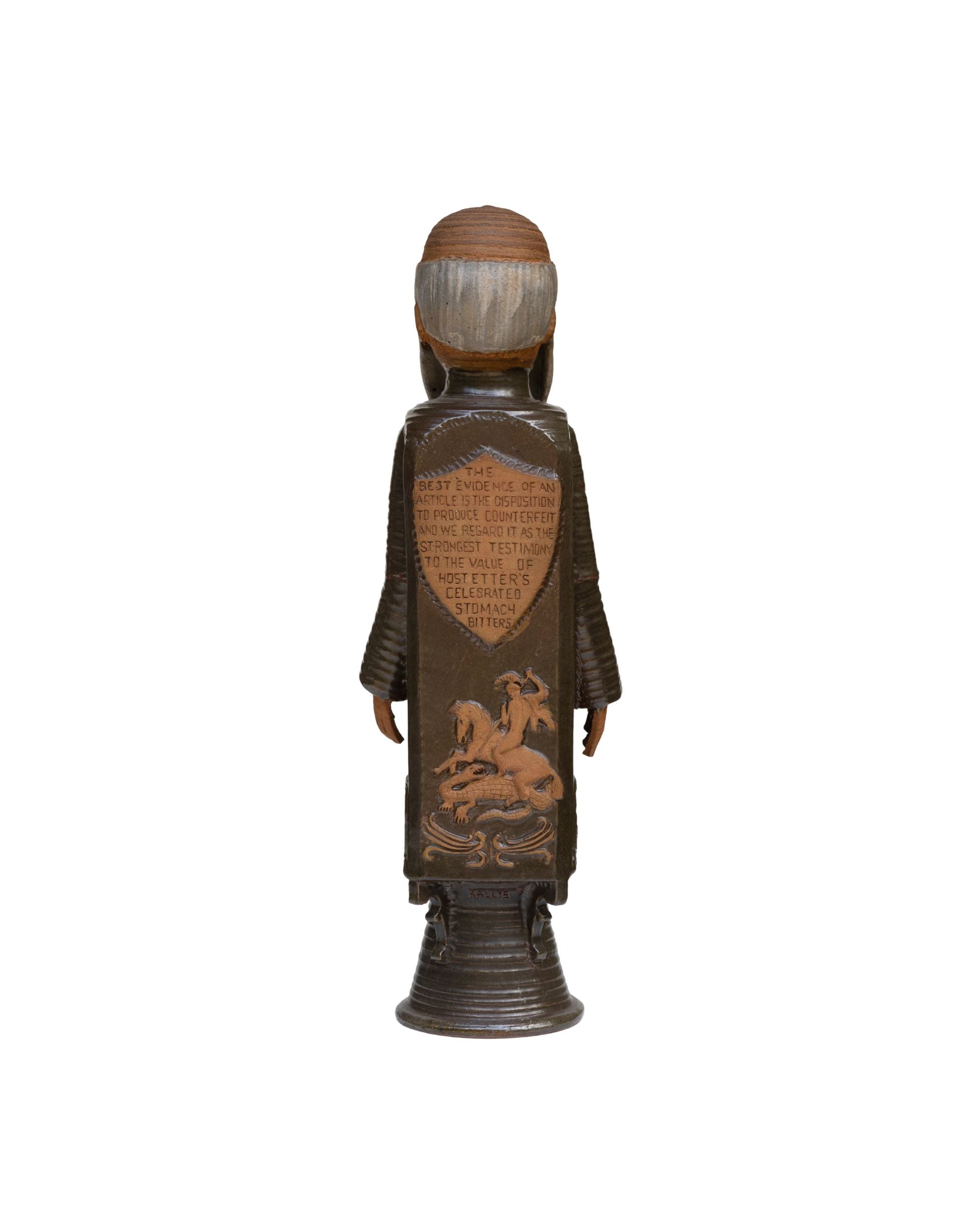 Back view showing sculpted label and St. George slaying the dragon.