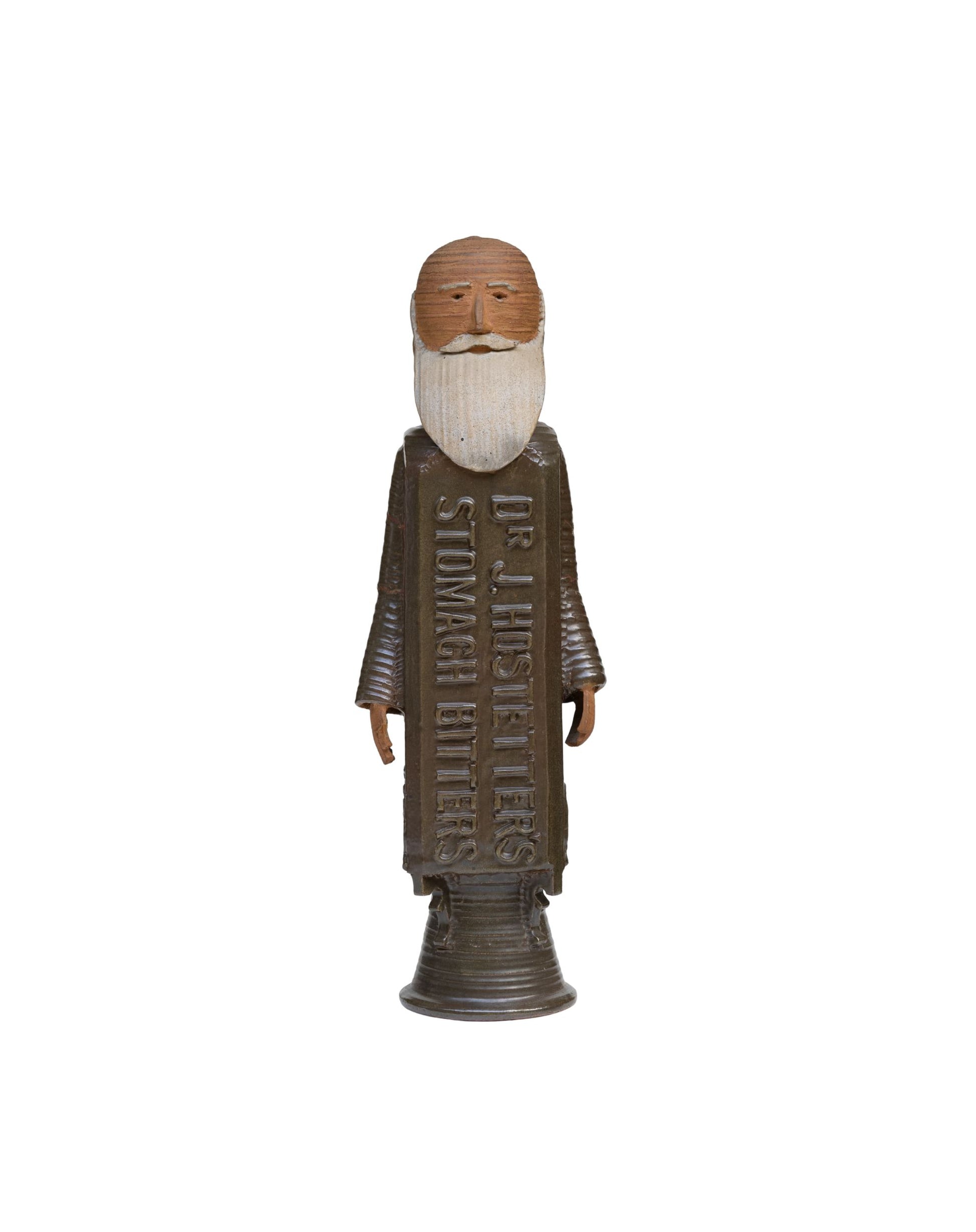 Front view of Hostetter’s Bitters ceramic sculpture by Rurik Leif Kallis.
