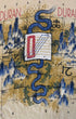 Close-up of the Duran Duran 1984 front graphic showing a blue serpent, stylized blue mountains, symbols, numbers, and ©1984 Tritec Music Ltd. marking.